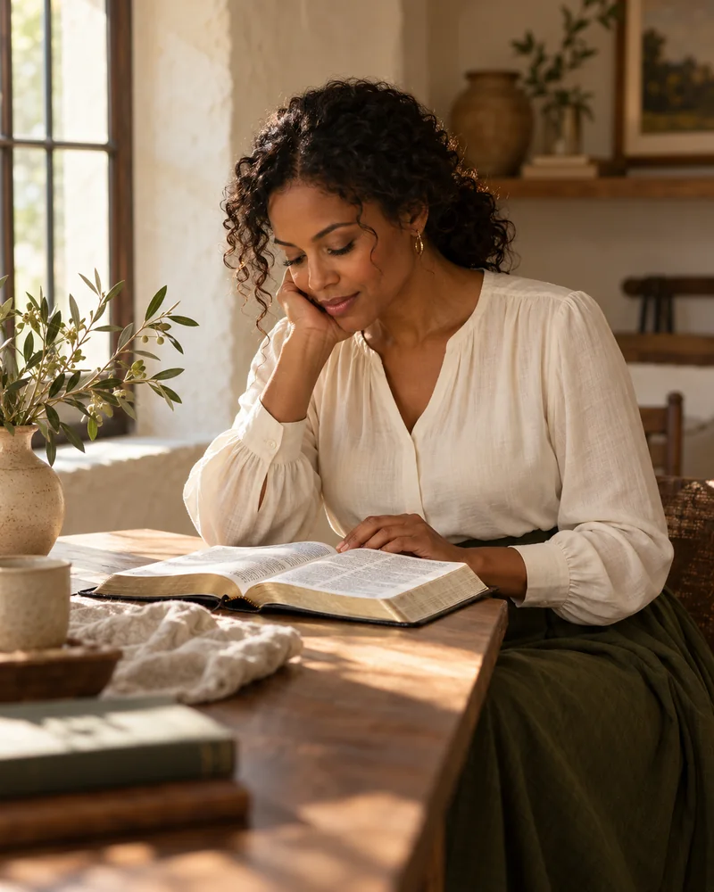 A woman quietly reading an open Bible at a wooden table in warm window light